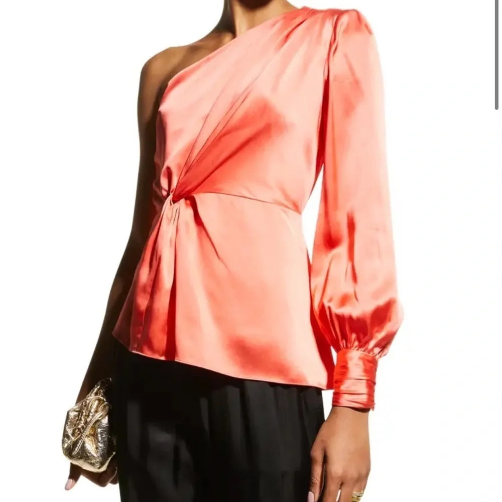 cinq a sept Coral One-Shoulder Satin Blouse